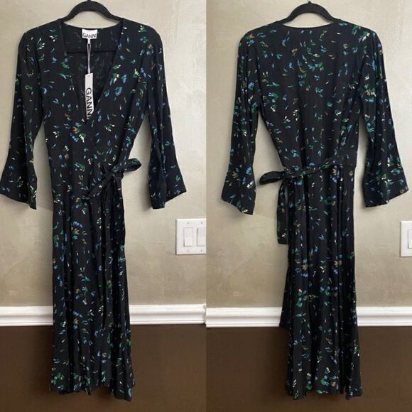 Ganni Printed Crepe Wrap Dress Verdant Green - Picture 4 of 4